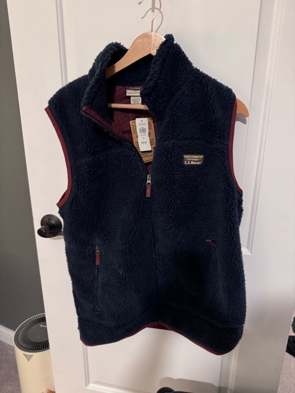 L.L. Bean Navy Sherpa Fleece Vest with Maroon Trim